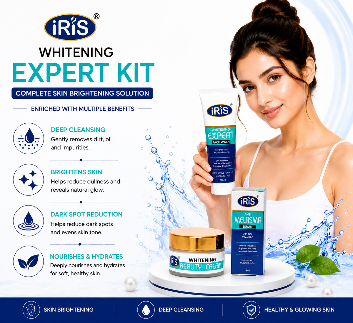 iRIS Glow & Brightening Skin Care Kit – Face Wash, Vitamin C Serum & Kojic Acid Cream