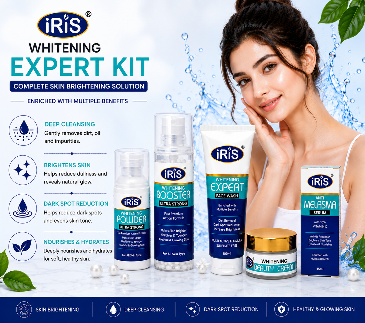 iRIS Glow & Brightening 4-Piece Skin Care Kit – Face Wash, Serum, Cream & Body Polish